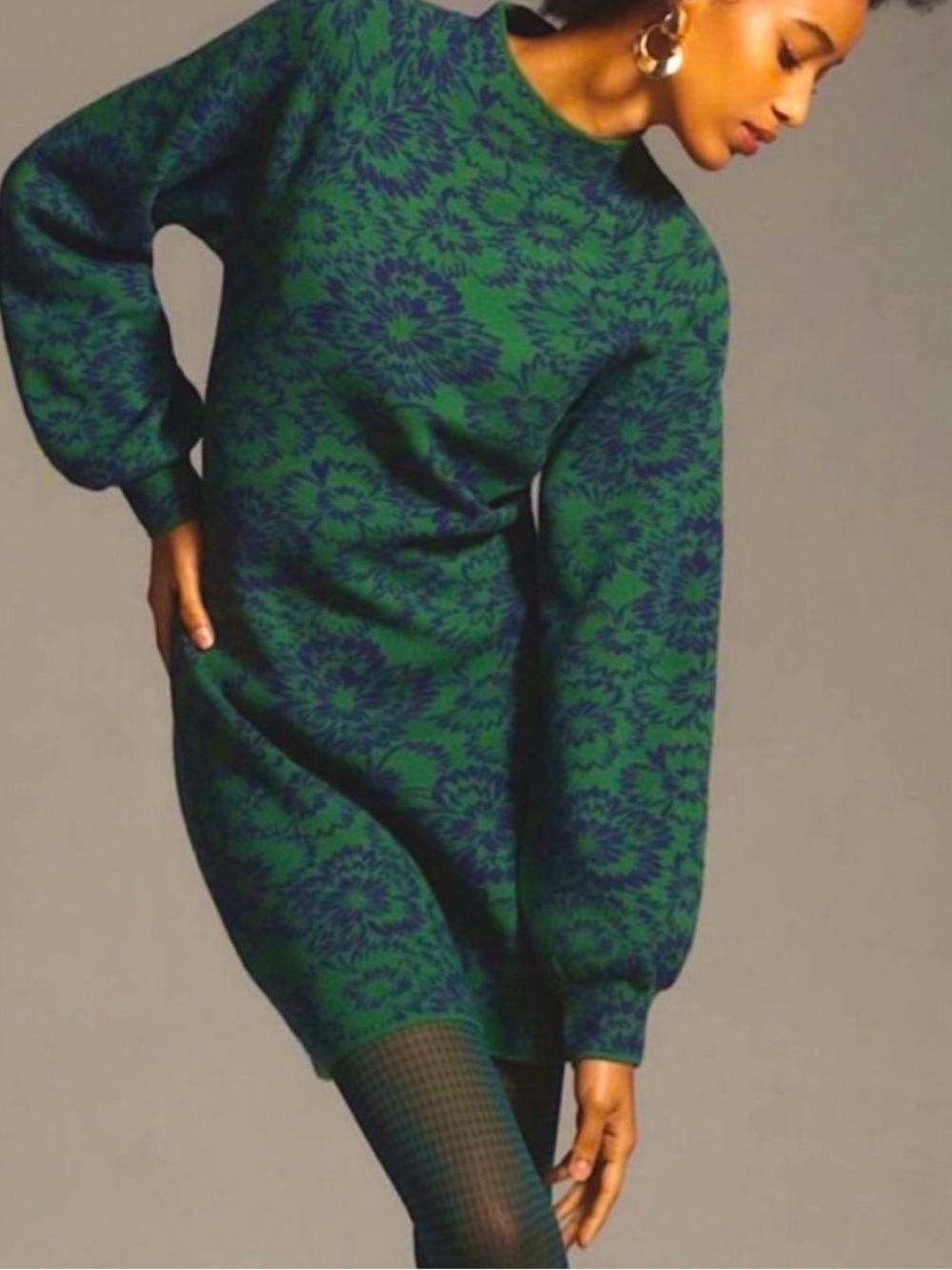 Maeve Anthropologie Beatriz Sweater Dress Green Floral Mock Neck Knit Mini XXS